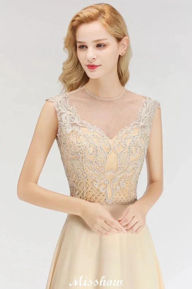 Champagne Sleeveless A-Line Crystal Jewel Bridesmaid Dresses Floor Length Party Dress (ZD12926)