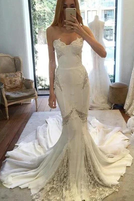 Chapel Train Sweetheart Mermaid Lace Appliques Chiffon Elegant Wedding Dresses (ZD14750) - VelvetHem