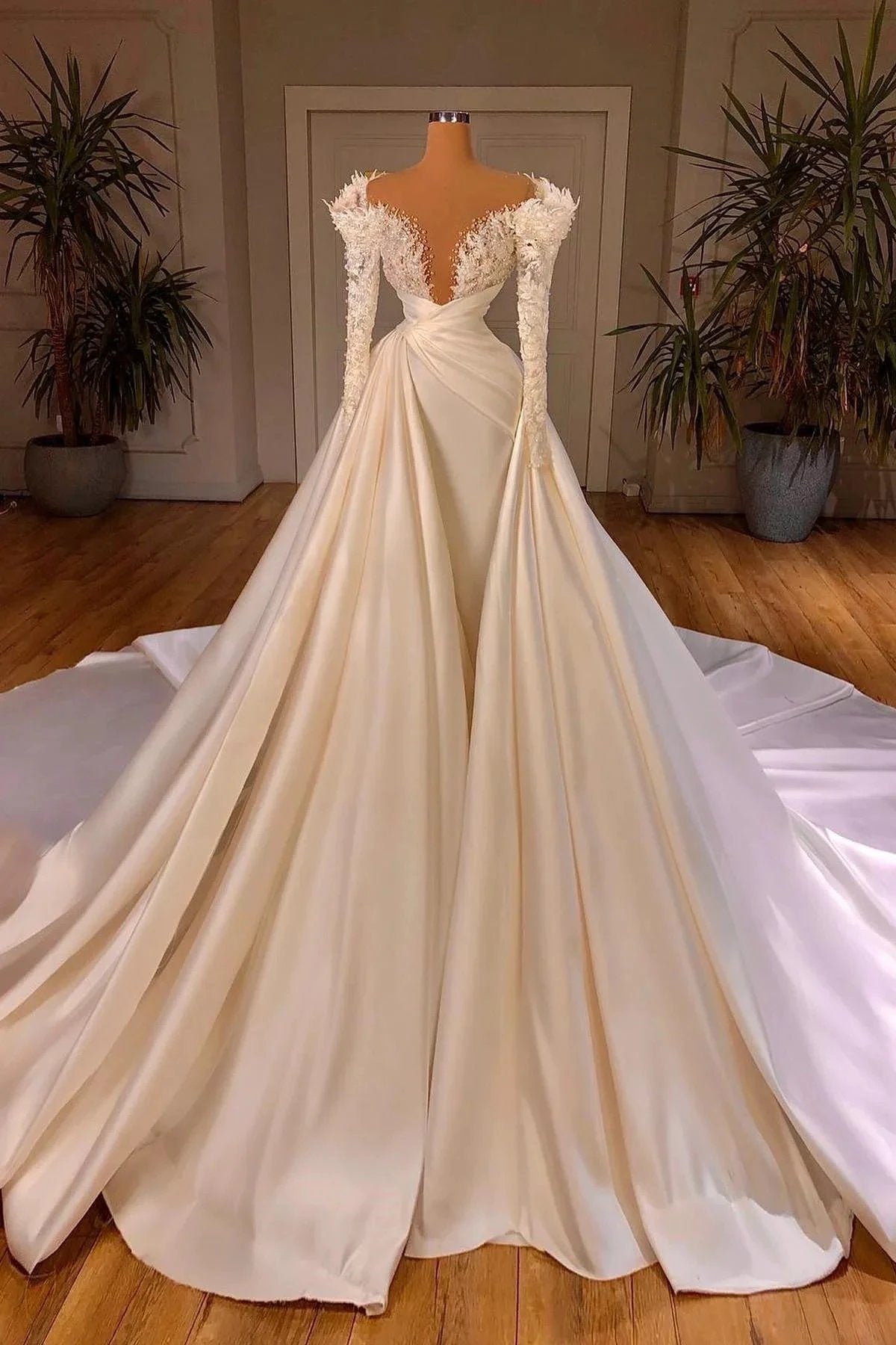 Charming A-Line Cathedral V-neck Long Wedding Dress With Long Sleeves (ZD14912)