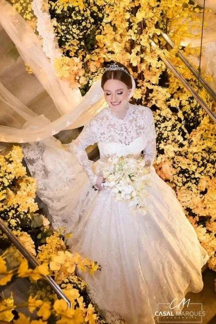 Charming A-Line Lace High Neck Long Sleeve White Wedding Dresses With Appliques (ZD16649)