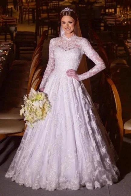 Charming A-Line Lace High Neck Long Sleeve White Wedding Dresses With Appliques (ZD16649)