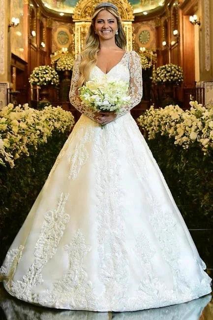 Charming A-Line Lace Sweetheart Long Sleeve White Wedding Dress With Appliques (ZD16639) - VelvetHem