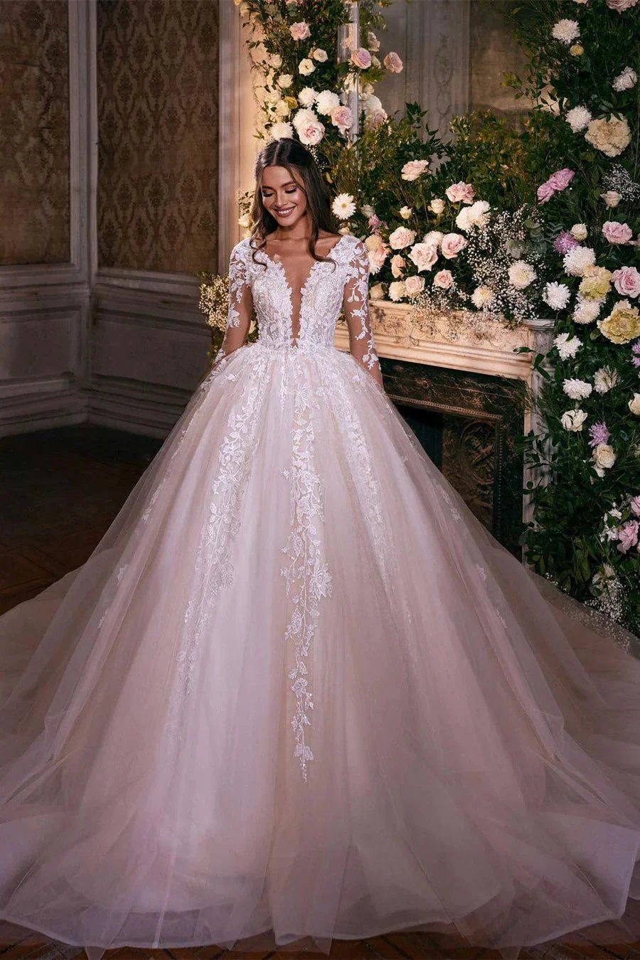 Charming A-line Long Sleeves V-neck Lace Wedding Dress With Train (ZD14511) - VelvetHem