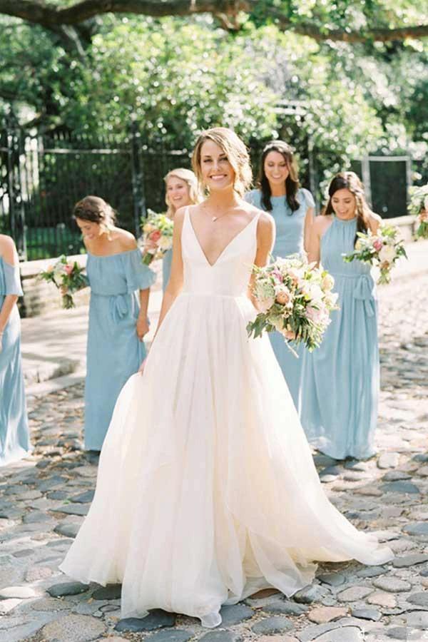 Charming A Line V Neck Backless Ivory Tulle Wedding Dresses (ZD15383) - VelvetHem