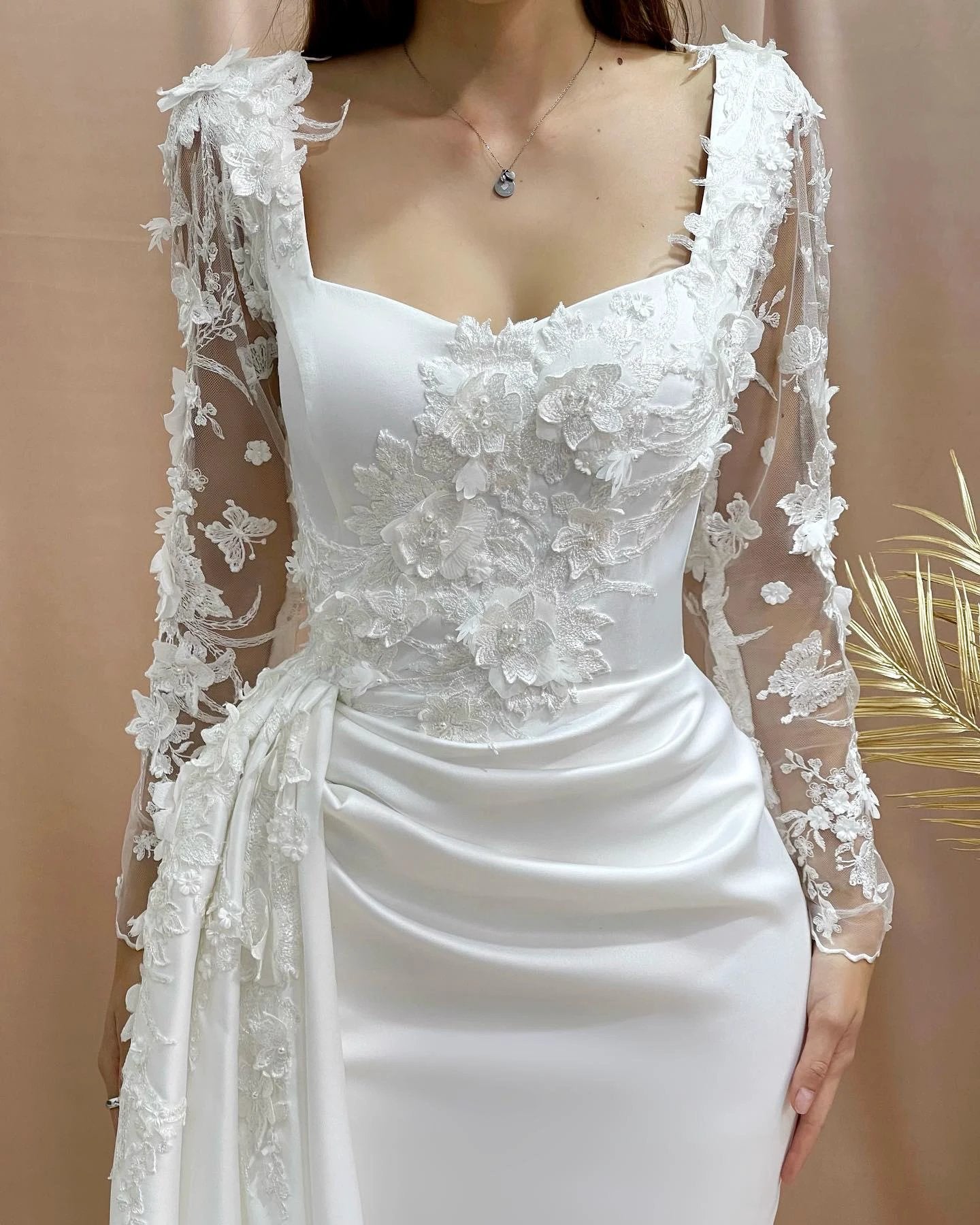 Charming Column Off-the-shoulder Long Sleeve Appliques Satin Lace Wedding Dresses (ZD15554)