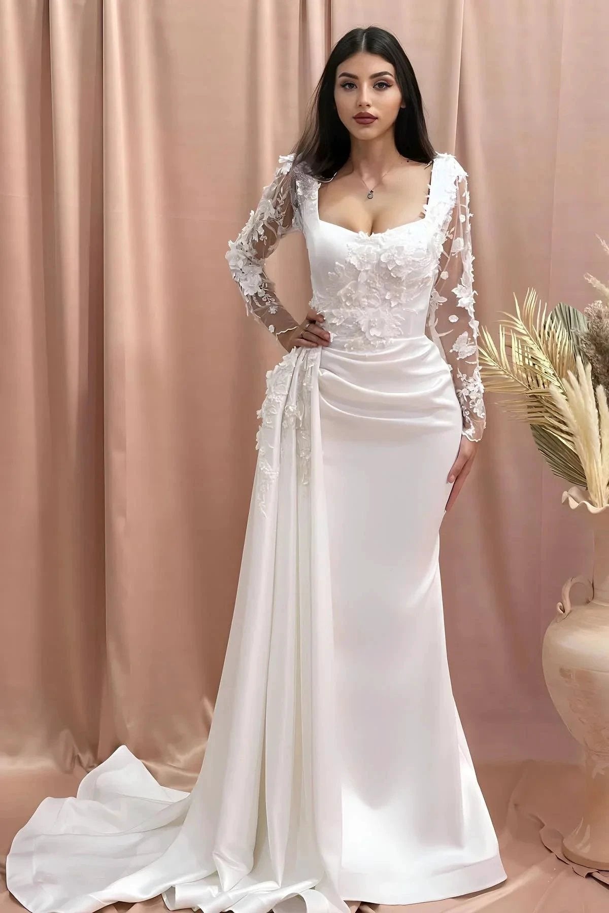 Charming Column Off-the-shoulder Long Sleeve Appliques Satin Lace Wedding Dresses (ZD15554) - VelvetHem