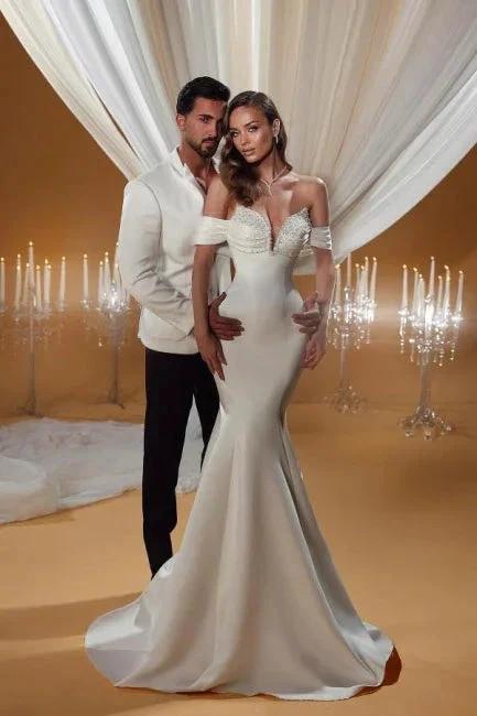 Charming Column Satin Off-The-Shoulder Sleeveless Ivory Wedding Dresses With Beading (ZD15513)