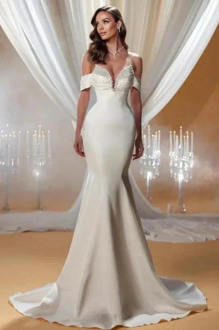 Charming Column Satin Off-The-Shoulder Sleeveless Ivory Wedding Dresses With Beading (ZD15513) - VelvetHem