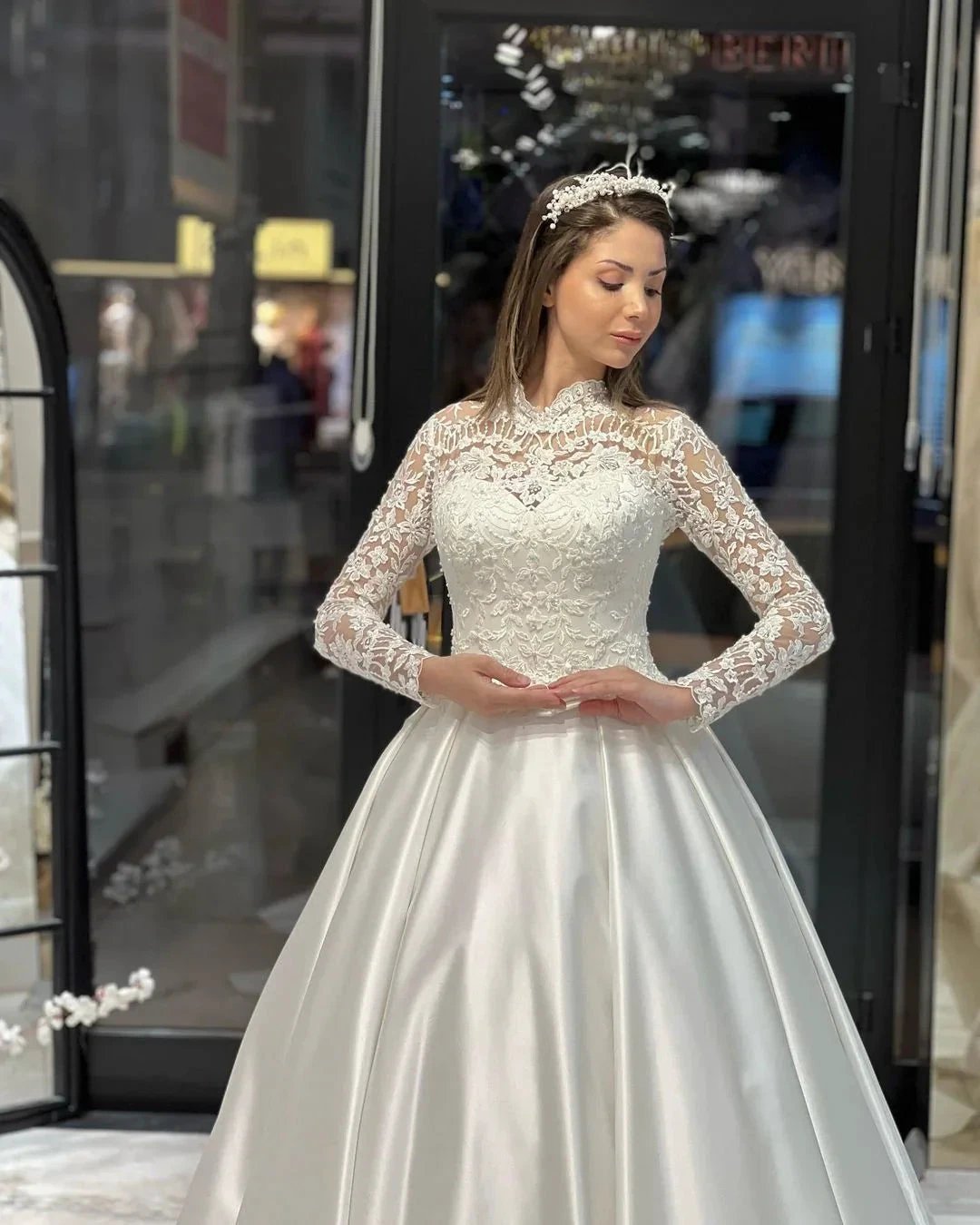 Charming Floor Length Crew Long Sleeves A-Line Satin Wedding Dress with Ruffles (ZD14796)