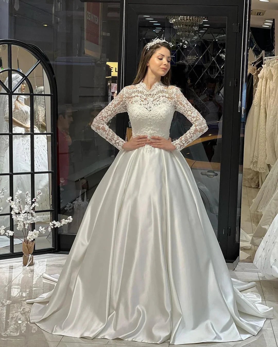 Charming Floor Length Crew Long Sleeves A-Line Satin Wedding Dress with Ruffles (ZD14796)