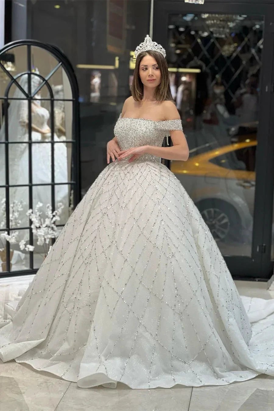 Charming Floor Length Off-The-Shoulder A-Line Sequined Wedding Dress with Court Train (ZD14793)