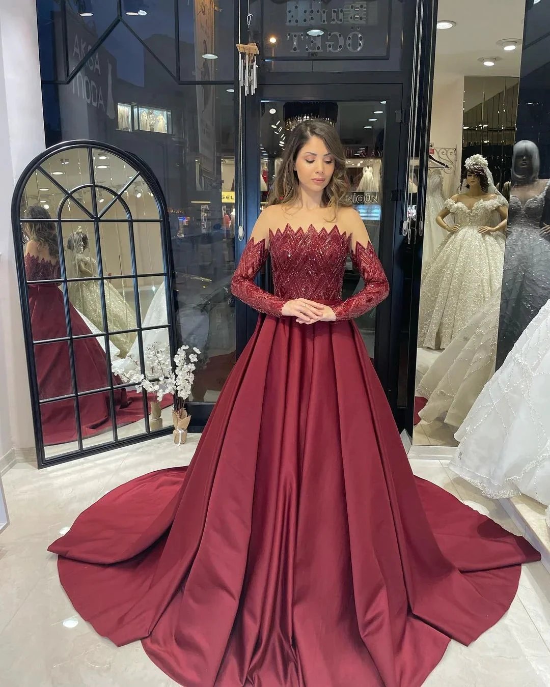 Charming Floor Length Strapless Long Sleeves A-Line Satin Wedding Dress with Ruffles (ZD14801)