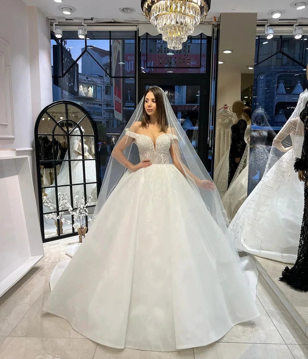 Charming Floor Length Sweetheart Off-The-Shoulder A-Line Lace Wedding Dress with Sequins (ZD14791)