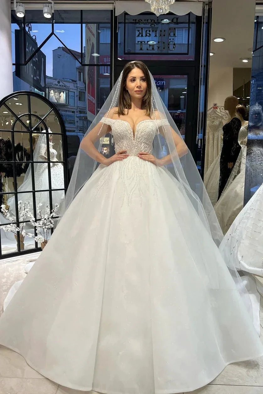 Charming Floor Length Sweetheart Off-The-Shoulder A-Line Lace Wedding Dress with Sequins (ZD14791) - VelvetHem