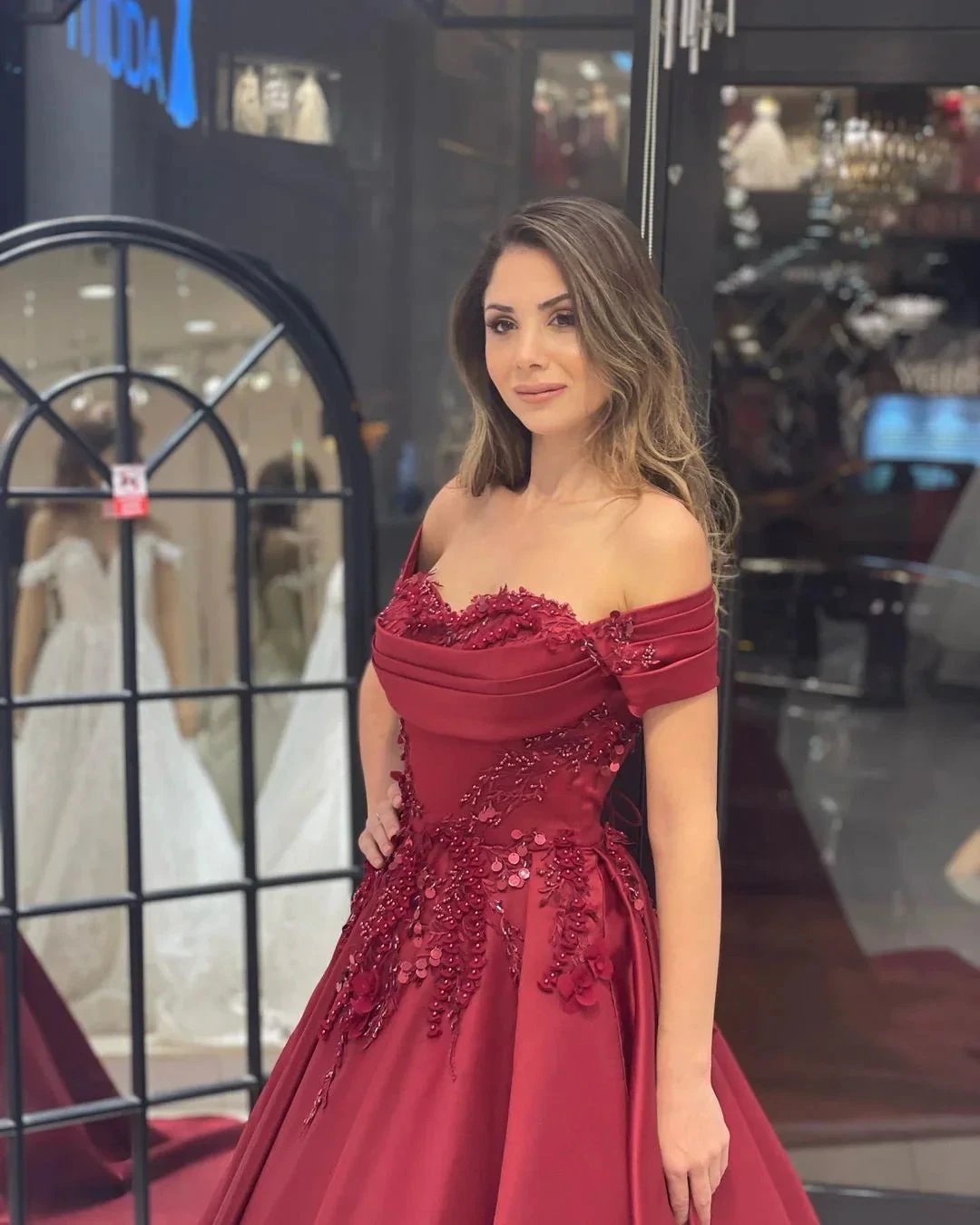 Charming Floor Length Sweetheart Off-The-Shoulder A-Line Satin Wedding Dress with Appliques (ZD14805)