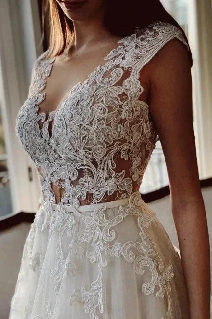 Charming Ivory A-Line Floor Length V-Neck Garden Lace Wedding Dress (ZD14894)