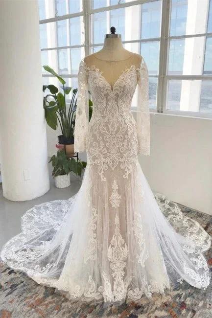 Charming Jewel Long Sleeves Chapel Mermaid Wedding Dress (ZD14942) - VelvetHem