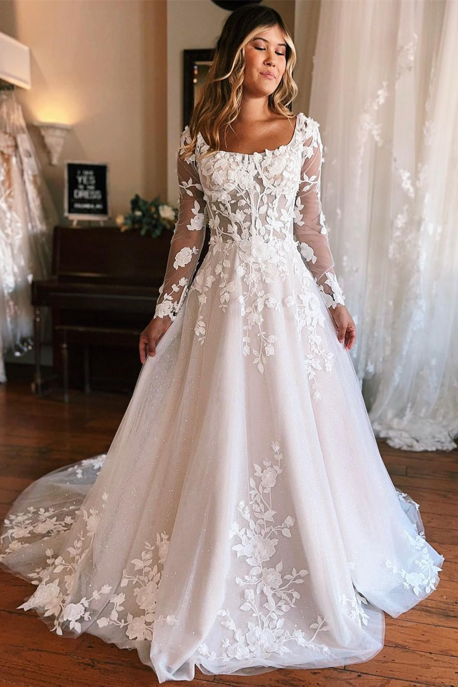 Charming Long A-line Wedding Dress With Appliques And Long Sleeves Featuring A Train (ZD17491)