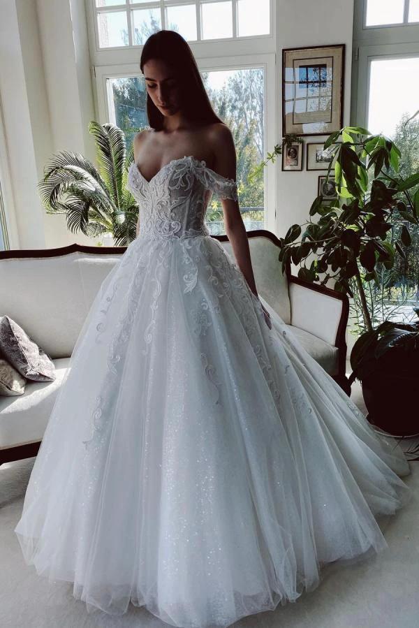 Charming Long A-line Off-the-shoulder Tulle Wedding Dress with Glitter (ZD15023)