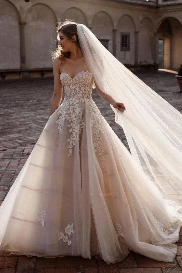 Charming Long A-Line Sweetheart Backless Train Tulle Floral Lace Wedding Dress (ZD14307)