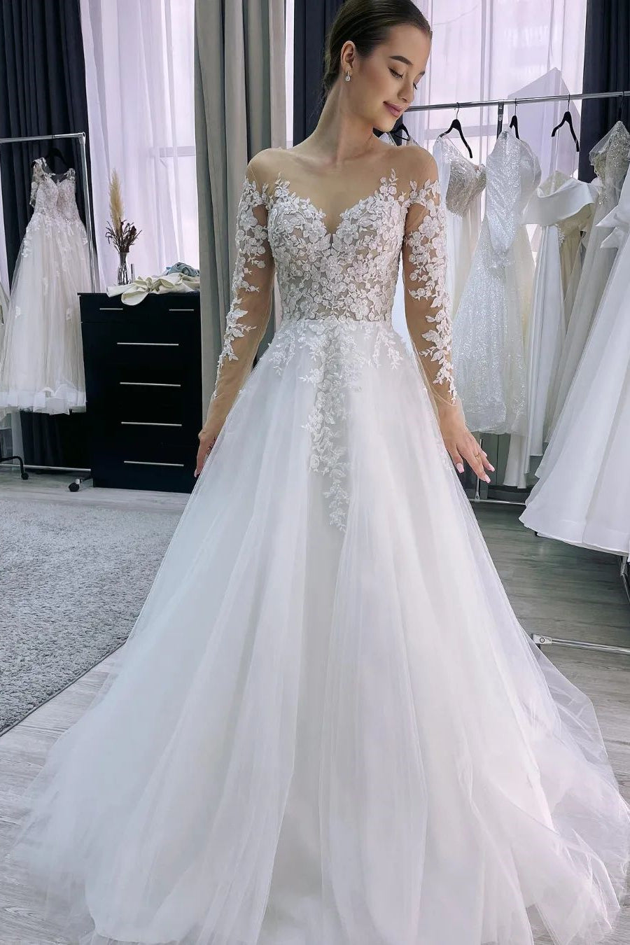 Charming Long A-line Tulle Wedding Dress with Appliques and Long Sleeves (ZD17487) - VelvetHem