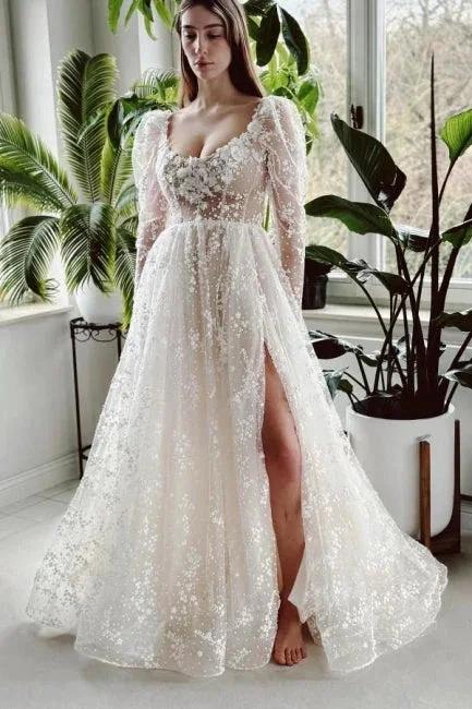 Charming Long Ivory A-line Long Sleeves Lace Wedding Dress With Slit (ZD15566) - VelvetHem