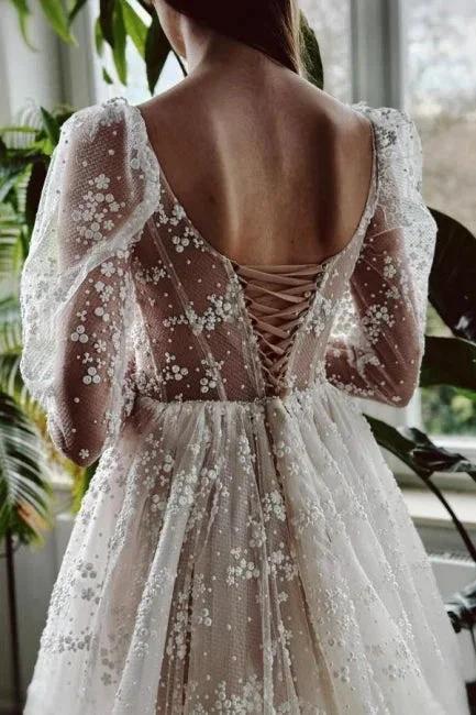 Charming Long Ivory A-line Long Sleeves Lace Wedding Dress With Slit (ZD15566)