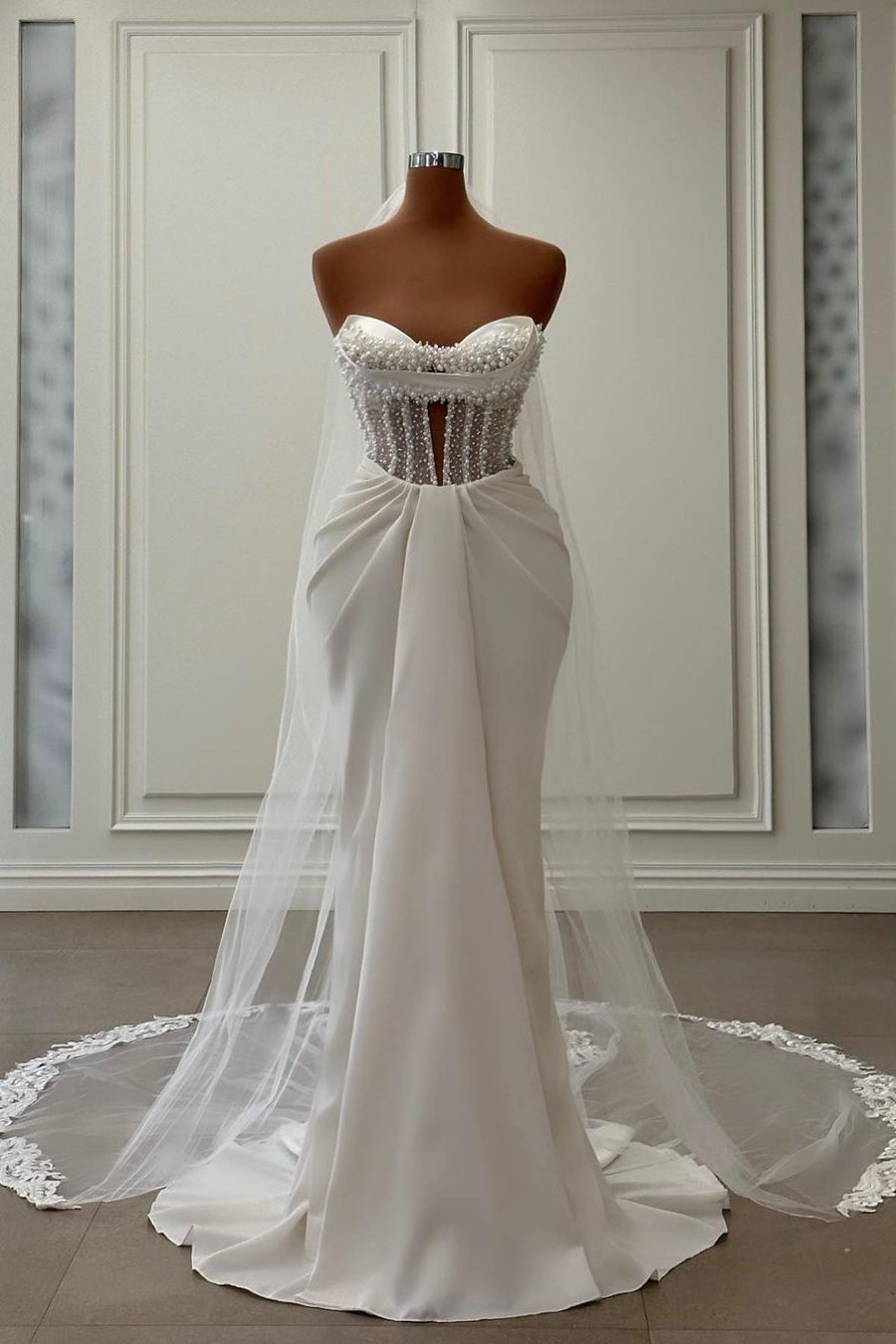 Elegant Long Ivory Mermaid Satin Wedding Dress Adorned With Pearls (ZD17481) - VelvetHem