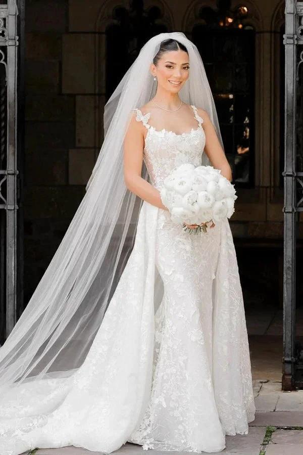 Charming Long Ivory Sleeveless Lace Wedding Dress with Detachable Train (ZD16683) - VelvetHem