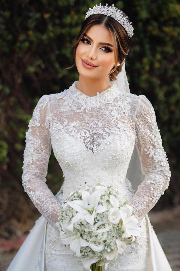 Charming Long Sleeves Mermaid High Neck Satin Lace Wedding Dress with Chapel Train (ZD16702)