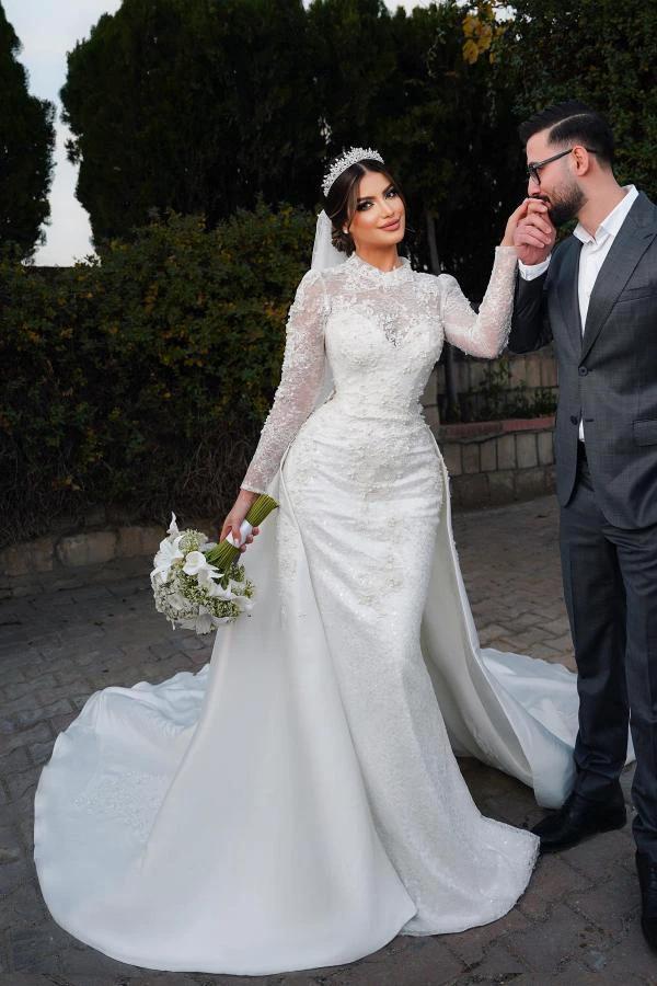 Charming Long Sleeves Mermaid High Neck Satin Lace Wedding Dress with Chapel Train (ZD16702) - VelvetHem