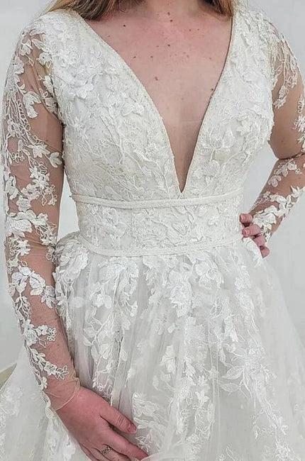 Charming Long Sleeves V-Neck Garden Lace A-Line Wedding Dress (ZD14883)
