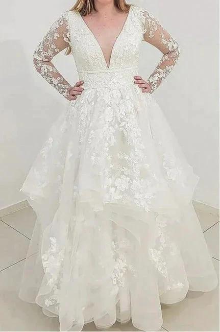 Charming Long Sleeves V-Neck Garden Lace A-Line Wedding Dress (ZD14883)