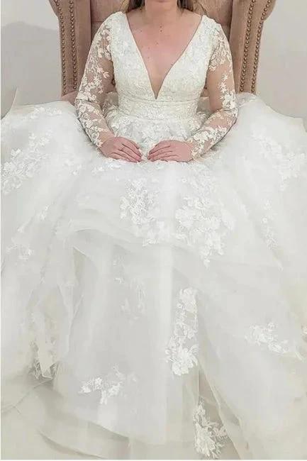 Charming Long Sleeves V-Neck Garden Lace A-Line Wedding Dress (ZD14883)