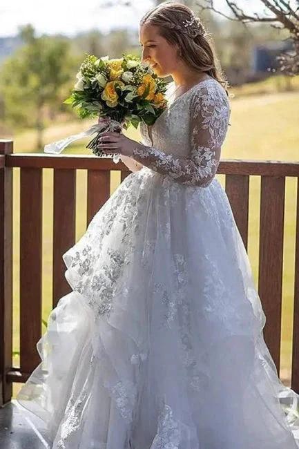 Charming Long Sleeves V-Neck Garden Lace A-Line Wedding Dress (ZD14883)