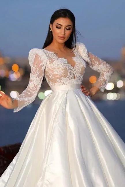 Charming Long Sleeves V-neck Satin Wedding Dress with Lace (ZD14886)