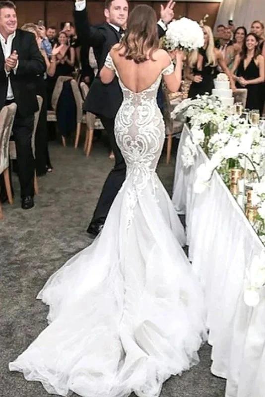 Charming Mermaid Style Off-the-Shoulder Sweep Train Lace Elegant Wedding Dresses (ZD16583)