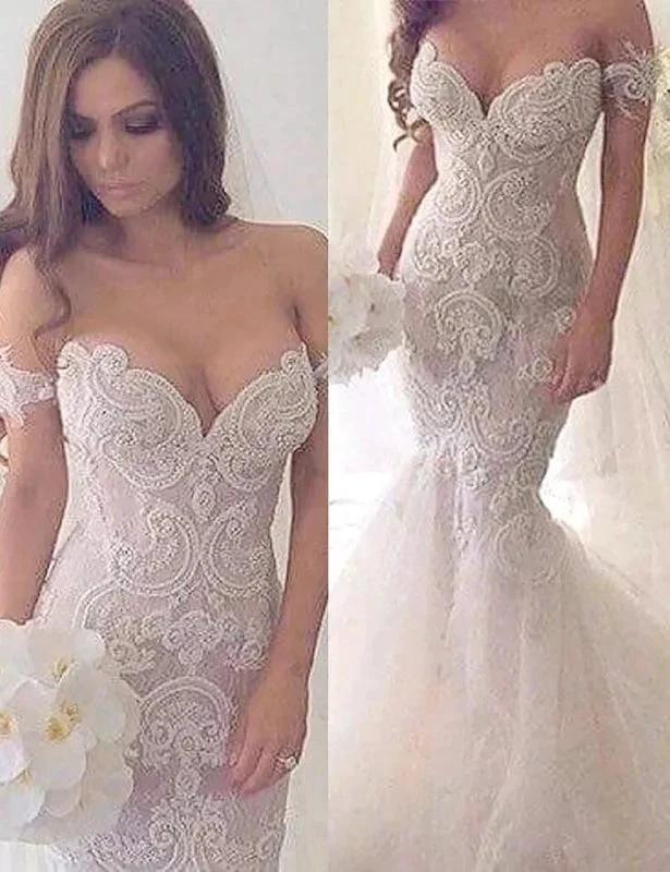 Charming Mermaid Style Off-the-Shoulder Sweep Train Lace Elegant Wedding Dresses (ZD16583)