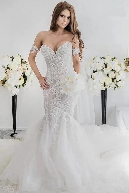 Charming Mermaid Style Off-the-Shoulder Sweep Train Lace Elegant Wedding Dresses (ZD16583) - VelvetHem