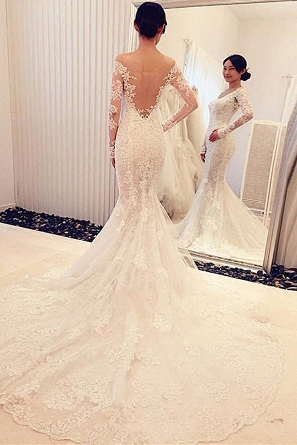 Charming Off The Shoulder Long Sleeves Lace Mermaid Wedding Dress (ZD16381)