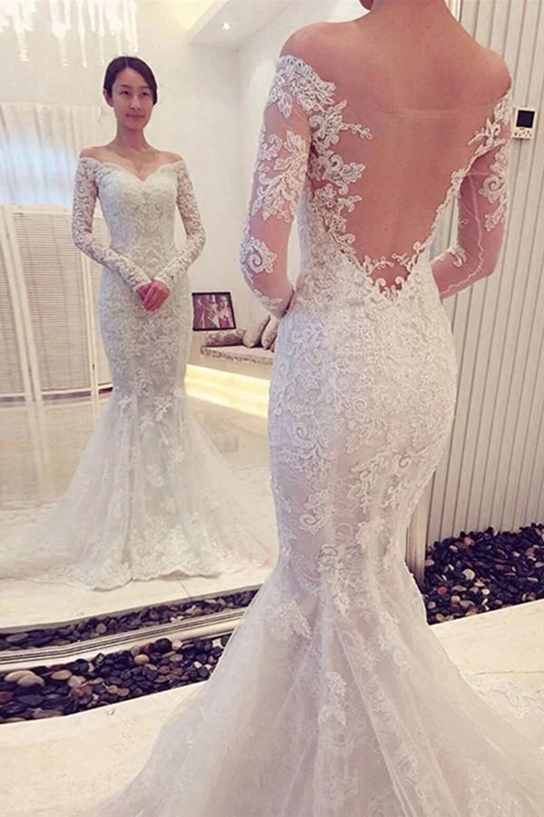Charming Off The Shoulder Long Sleeves Lace Mermaid Wedding Dress (ZD16381) - VelvetHem