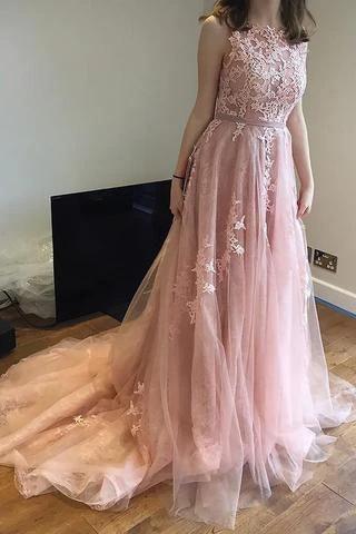 Charming Pink Lace Tulle Open Back Little Train Wedding Dresses (ZD15479) - VelvetHem