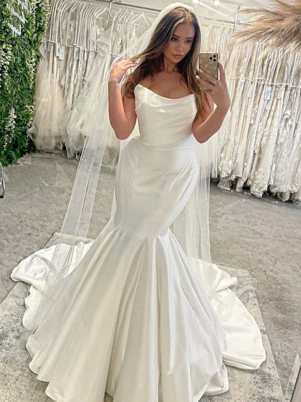 Strapless Satin Mermaid Low V-Back Wedding Dress - VelvetHem