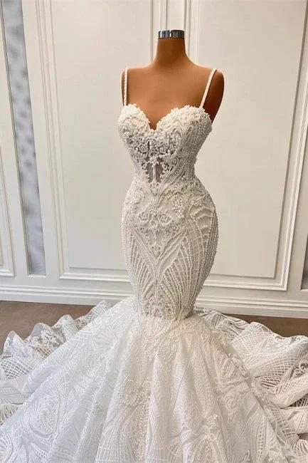Charming Sleeveless Spaghetti Straps Mermaid Wedding Dress with Ruffles (ZD14937)