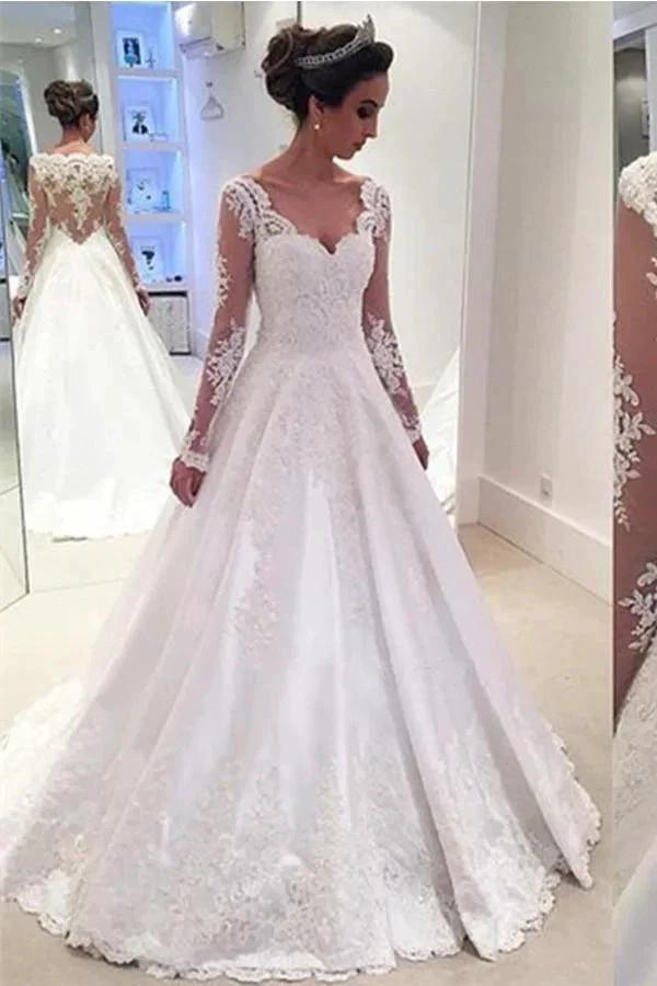 Charming V Neck Appliques A Line Wedding Dress With Long Sleeves (ZD16317) - VelvetHem