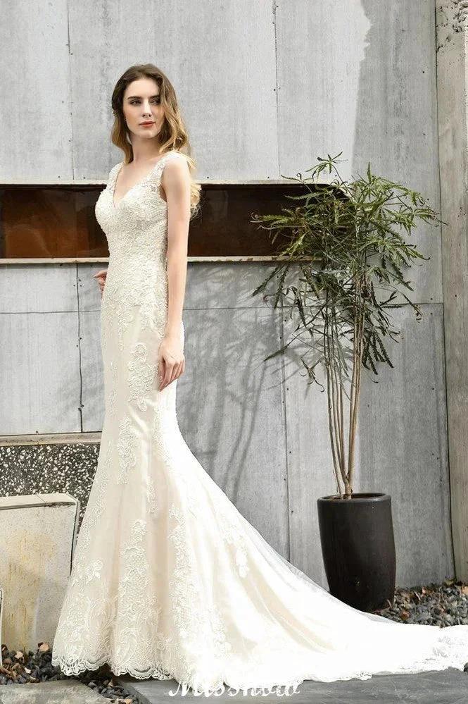 Charming V-Neck Floral Lace Mermaid Bridal Gown Sleeveless Sain Dress For Bride (ZD13893)