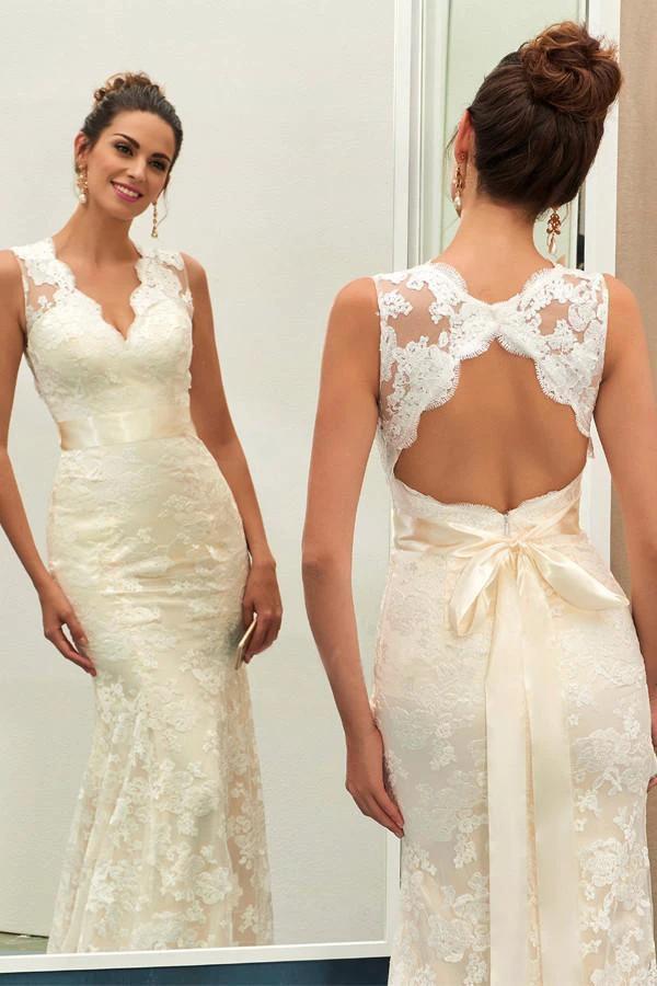 Charming V Neck Lace Sheath Wedding Dress With Sashes (ZD16352) - VelvetHem