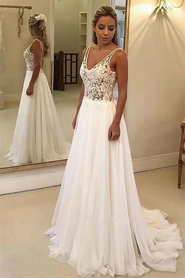 Charming V-Neck Sleeveless Appliques A-Line Floor-Length Wedding Dresses (ZD14590)