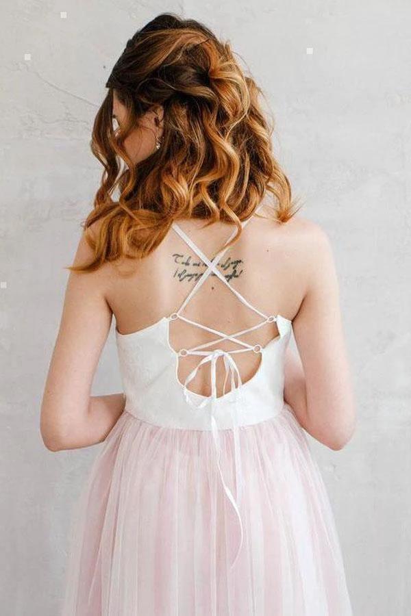 Light Pink Wedding Dresses Spaghetti Strap Tulle Beach Wedding Dress (ZD15379)