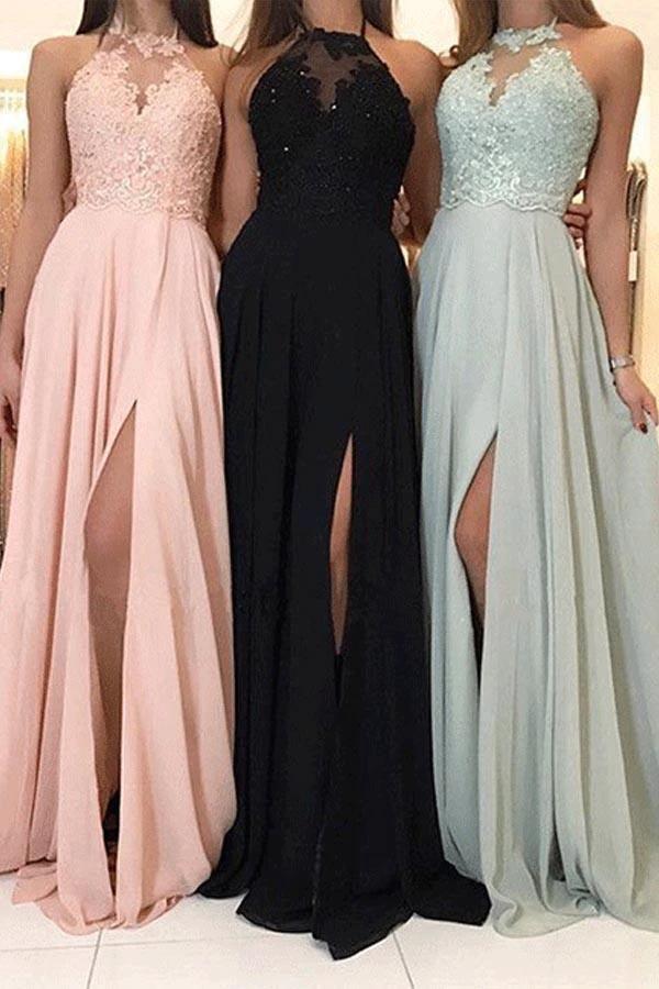 Long Bridesmaid Dresses Lace Top Chiffon Formal Dress with Slit (ZD13241)